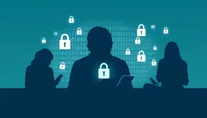 Hình ảnh trừu tượng thể hiện bảo mật trực tuyến với hình bóng người sử dụng smartphone, bao quanh là các biểu tượng khóa.