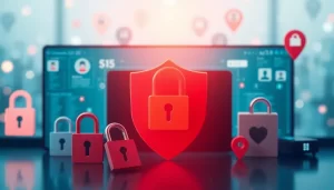 Minh họa tổng quan về an ninh trực tuyến với các biểu tượng như ổ khóa, lá chắn và dấu hiệu vị trí mờ.