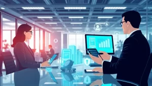 Môi trường văn phòng hiện đại với công nghệ bảo mật doanh nghiệp.