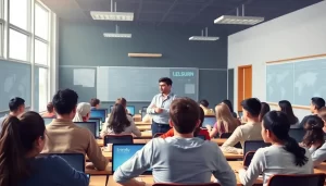 Giáo viên và học sinh tương tác trong một không gian học tập hiện đại.