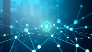 Mạng lưới kỹ thuật số biểu trưng cho an ninh và bảo mật với các nút kết nối.
