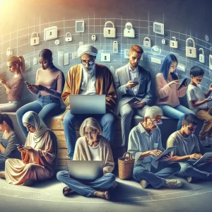 Những người sử dụng thiết bị khác nhau lướt web an toàn trong môi trường bảo mật.