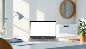 Hình ảnh văn phòng với laptop trình duyệt sạch sẽ không có quảng cáo.