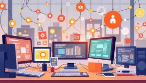 Một cảnh tượng sống động về các thiết bị công nghệ được kết nối qua mạng.