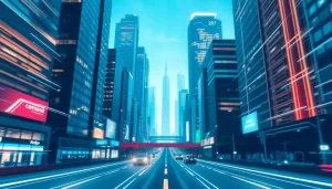 Hình ảnh thành phố tương lai với các yếu tố kỹ thuật số biểu thị tốc độ và kết nối.
