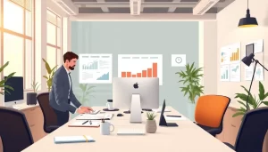 Một không gian văn phòng hiện đại với các công cụ thiết kế web và biểu đồ chiến lược tối ưu hóa.