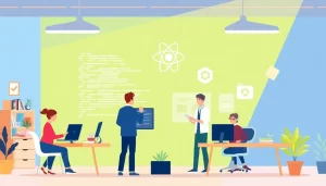 Hình ảnh phản ánh thiết kế web hiện đại với React.js, thể hiện sự kết nối và tương tác.