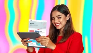 Mô tả một người phụ nữ trẻ đang hạnh phúc khi xem giao diện website onepage trên máy tính bảng.