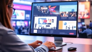 Hình ảnh thể hiện công việc thiết kế website hội nghị, với sự tương tác từ người dùng.