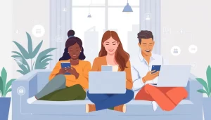 Hình ảnh về sự chuyển đổi số trong ngân hàng với khách hàng tương tác qua thiết bị số.