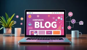 Màn hình laptop thể hiện một blog doanh nghiệp thành công với nội dung phong phú.