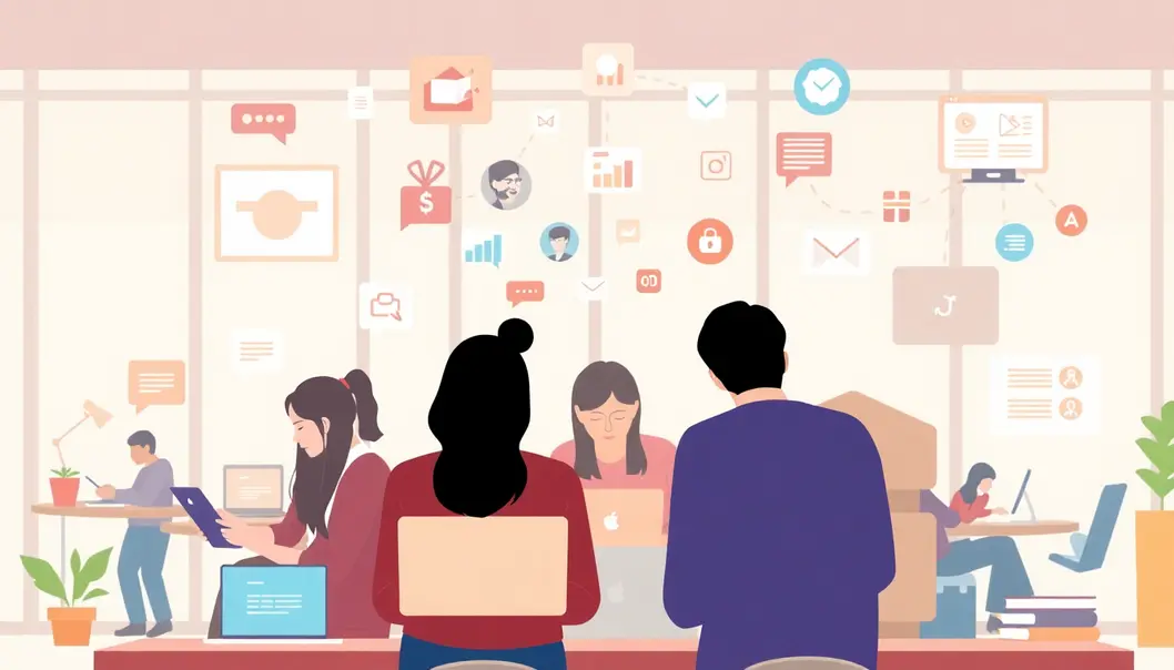 Một bức tranh thể hiện sự tương tác của học sinh với các công cụ học tập hiện đại.