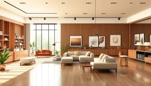 Nội thất trang trí hiện đại tại showroom với ánh sáng tự nhiên.