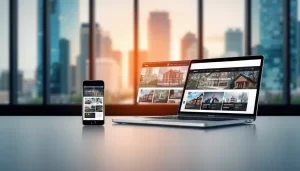 Màn hình hiển thị website bất động sản trên thiết bị di động và máy tính xách tay.