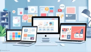 Hình ảnh thể hiện thiết kế web với nhiều thiết bị khác nhau, phản ánh sự sáng tạo trong từng mẫu.