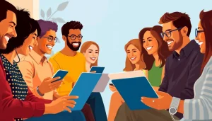 Một nhóm người đa dạng hào hứng tham gia trên mạng xã hội.