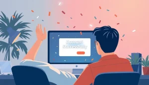 Một người vui vẻ nhìn vào màn hình máy tính sau khi khôi phục tài khoản.