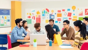 Một lớp học tại trung tâm đào tạo chạy quảng cáo với sinh viên và giảng viên tương tác tích cực.