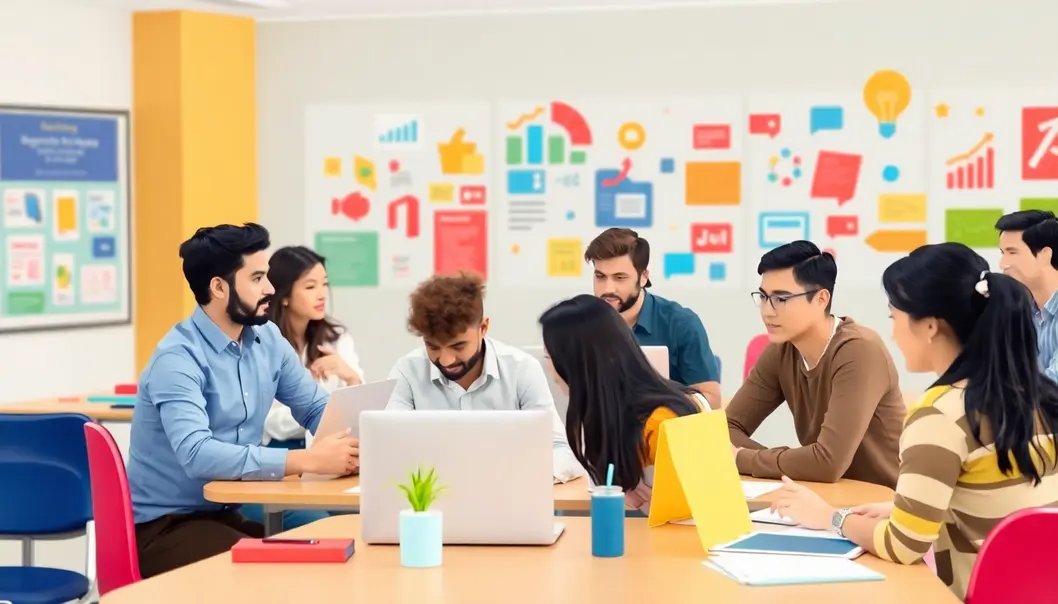 Không khí học tập sôi nổi tại trung tâm đào tạo chạy quảng cáo.